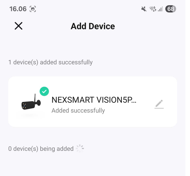 Kameraet er tilføjet succesfuldt