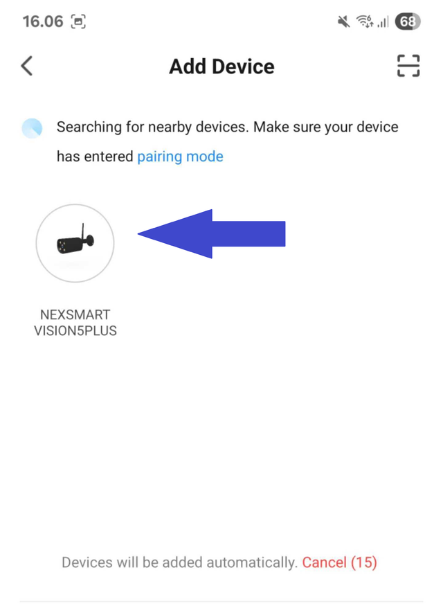 Valg af kamera. Bemærk, kameraet vises kun på listen, når kameraet er i parringstilstand
