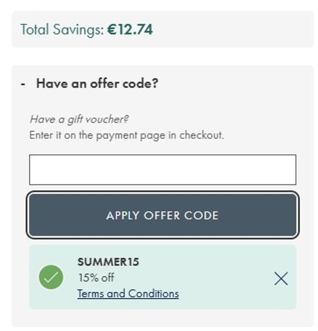 If an offer has successfully been added, you will see the code along with the terms and savings, as the above demonstrates.