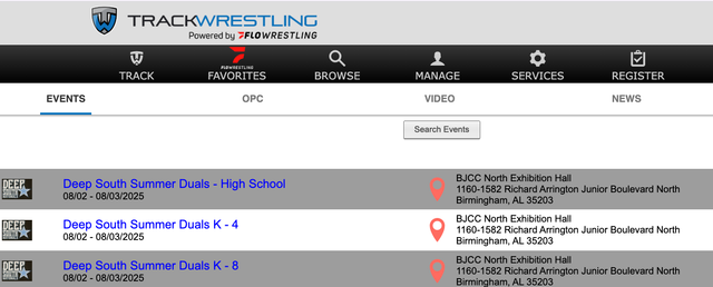 Original Trackwrestling Event schedule.