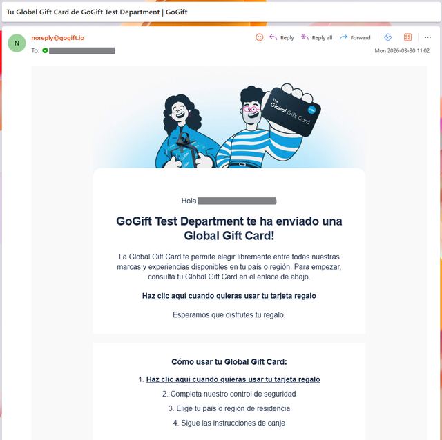 Captura de pantalla de un correo electrónico de entrega de Global Gift Card