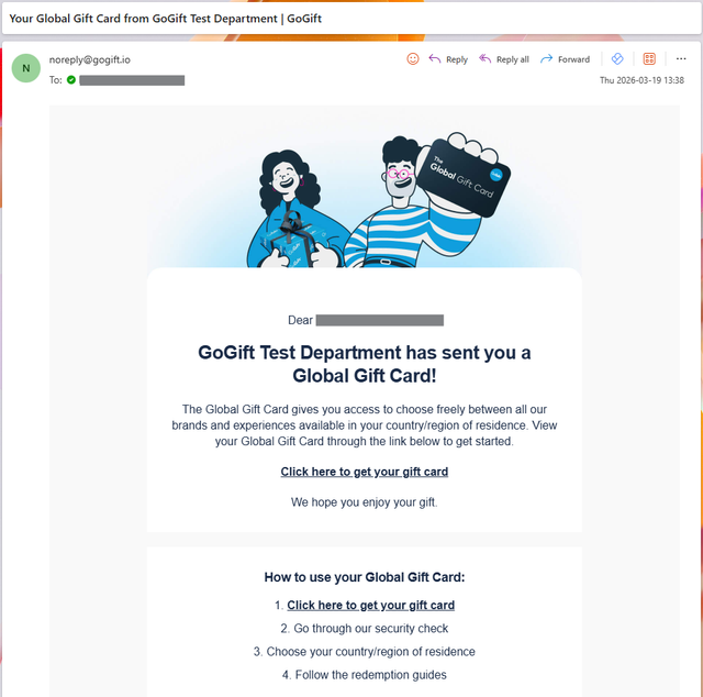 Global Gift Card 配送メールのスクリーンショット