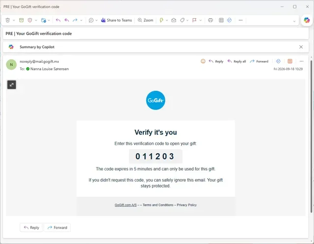 The verification code email