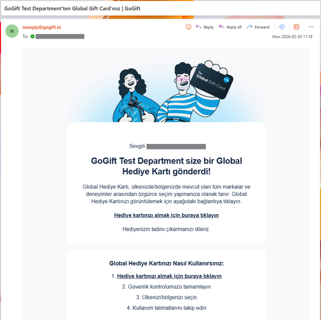Global Gift Card teslimat e-postasının ekran görüntüsü