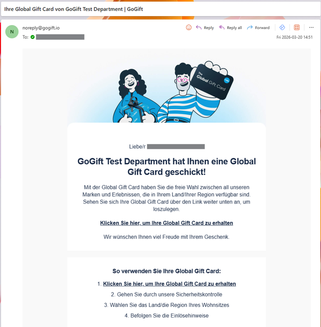 Screenshot einer Zustell-E-Mail für die Global Gift Card